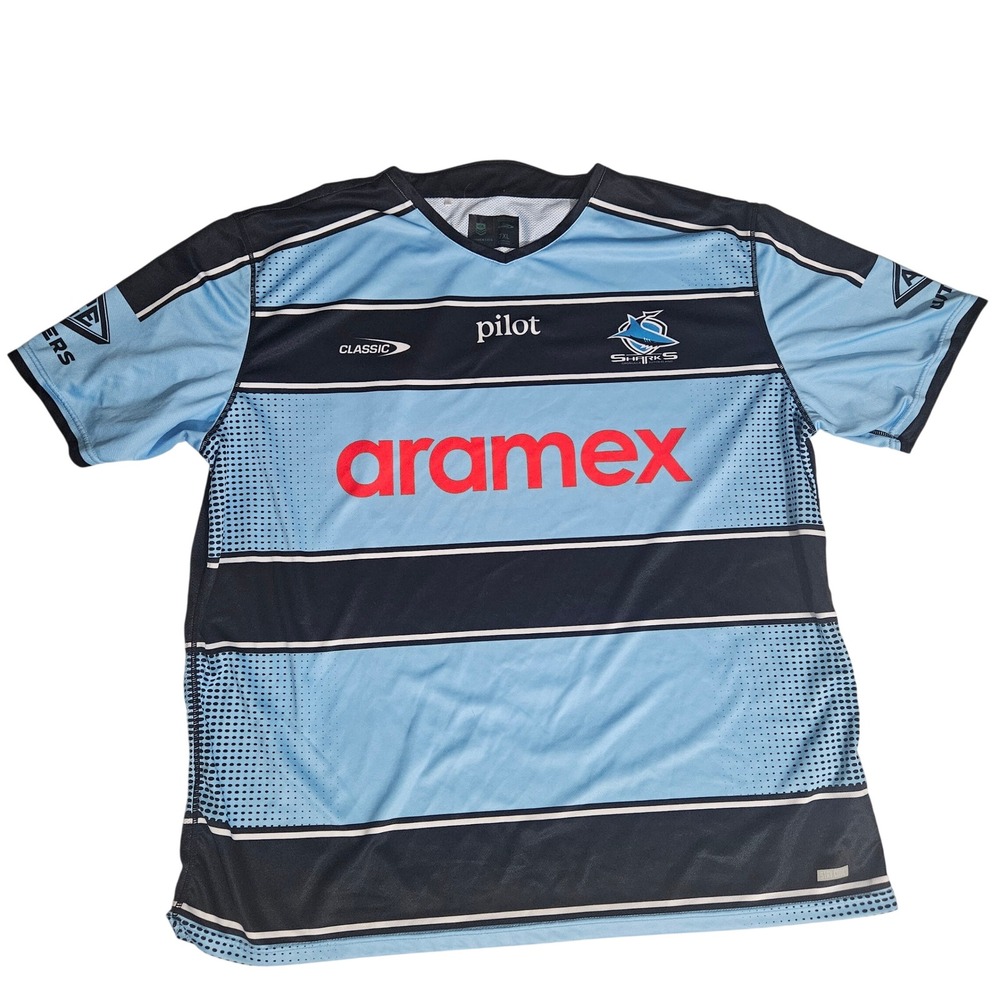 Classic Sportswear Cronulla Sharks NRL Rugby Jersey Blue Black 7XL Aramex Logo